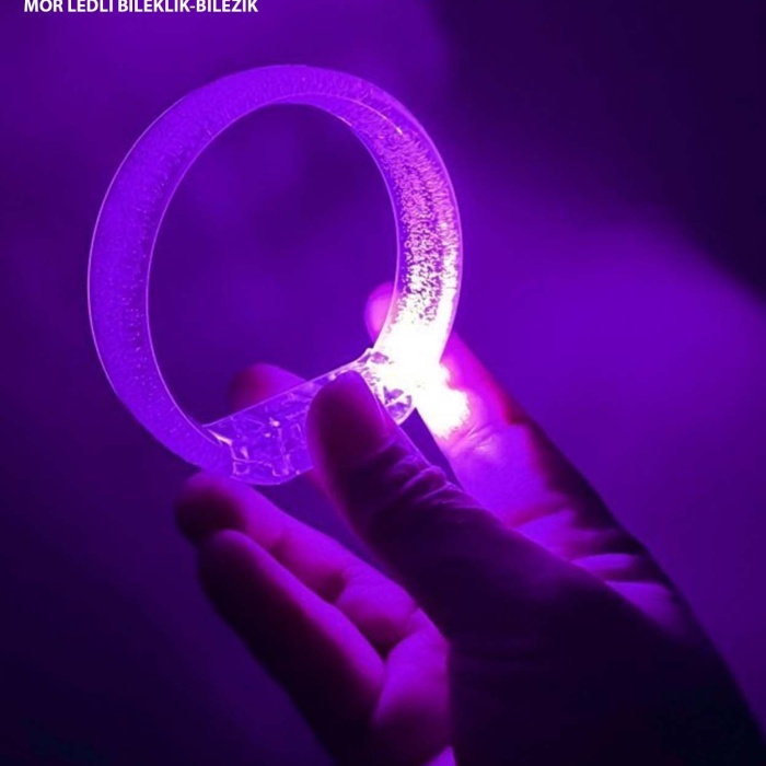 Mor Led Işıklı Baskı Yapılabilen Pilli Bileklik Bilezik 1,5 cm Genişlik (5343)