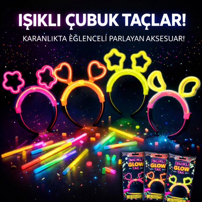 Karanlıkta Parlayan Glow Taç Seti 12 Adet – Yıldız Kalp Ay Çiçek (Her Model 3 Adet) (5343)