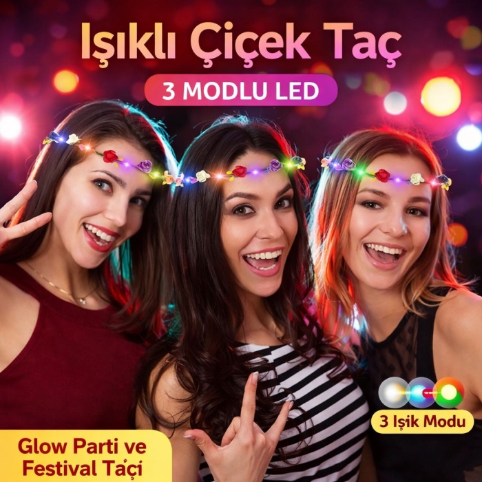 Renkli LED Çiçek Taç – 3 Işık Modlu Glow Parti Tacı (5343)