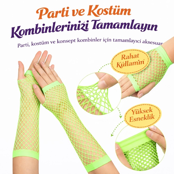 80’ler 90’lar Retro Neon Yeşil File Parmaksız Eldiven 26 cm (5343)