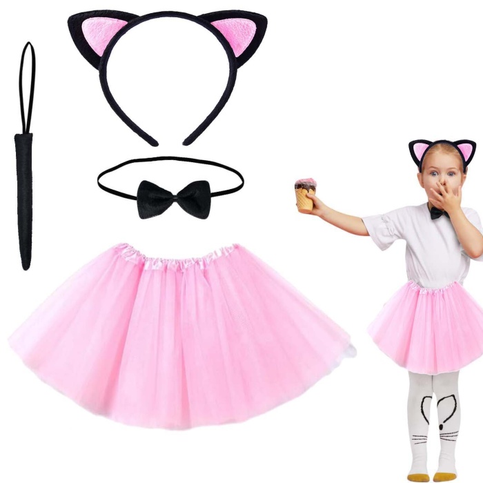 Pembe Renk Etekli Kedi Kostüm Seti (Tütü, Taç, Papyon, Kuyruk) (5343)