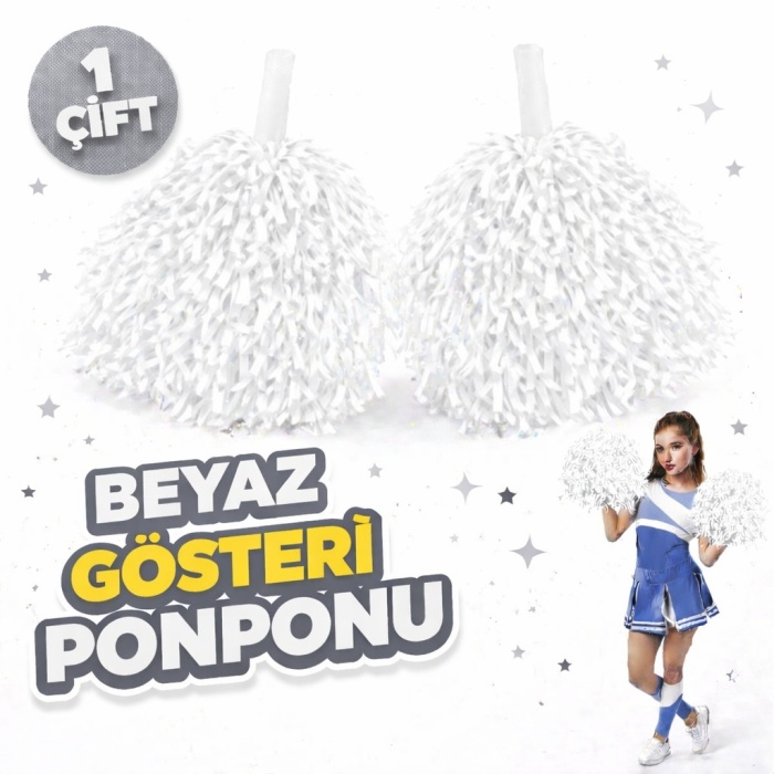 1 Çift ( 2 Adet ) Beyaz Renk 23 Nisan 19 Mayıs 29 Ekim Okul Gösteri Ponponları Ekstra Dolgun (5343)