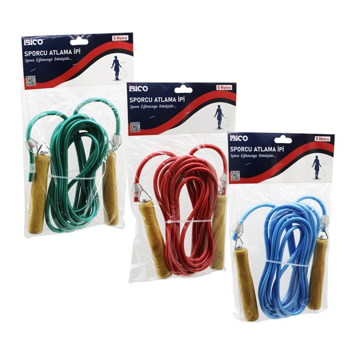 AHŞAP SAPLI PVC ATLAMA İPİ RENKLİ 5MT (5343)