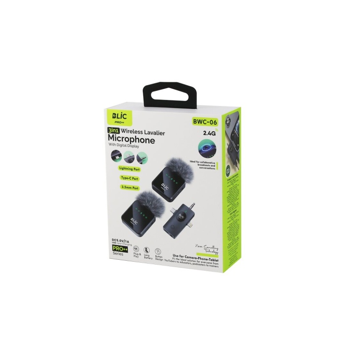 3İN1 KABLOSUZ İKİLİ YAKA MİKROFON TÜYLÜ DİJİTAL EKRAN LİGHTNİNG - TYPE-C - 3.5MM GİRİŞ 5.0V / 1A BWM-06 (5343)
