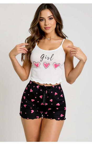 Kalp Desenli Askılı Şortlu Pijama Takımı