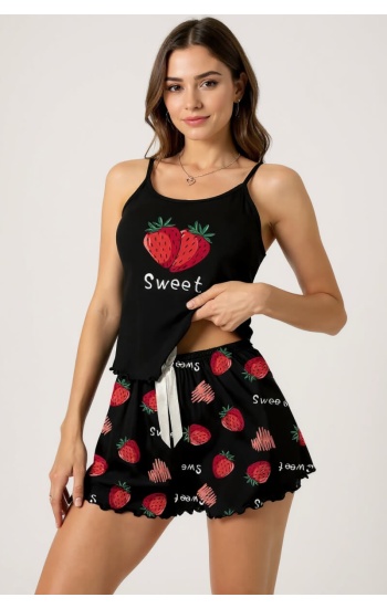 Çilek Baskılı Siyah Askılı Şortlu Pijama Takımı