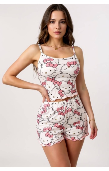 Hello Kitty Baskılı Askılı Şortlu Pijama Takımı