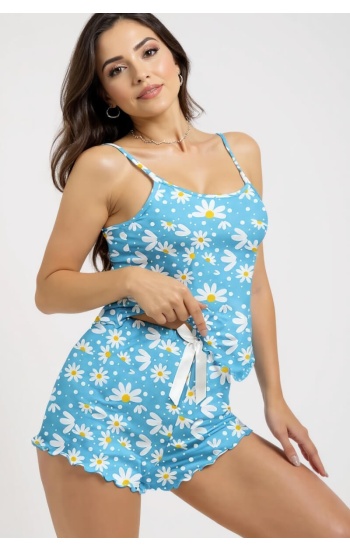 Papatya Baskılı Mavi Askılı Şortlu Pijama Takımı