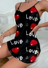 Love Desenli Siyah Saten Gecelik