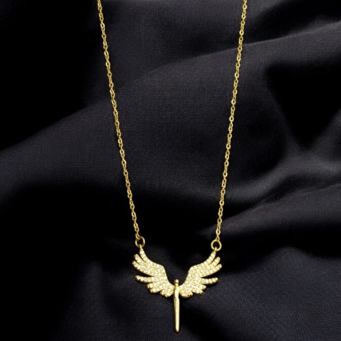 Taşlı Mikail Meleği Çelik Kolye - Gold Renk