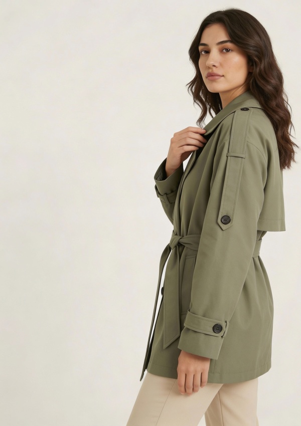 Kadın HAKİ Kemer Detaylı Kruvaze Yaka Kuşak Bağlamalı Astarlı Trençkot