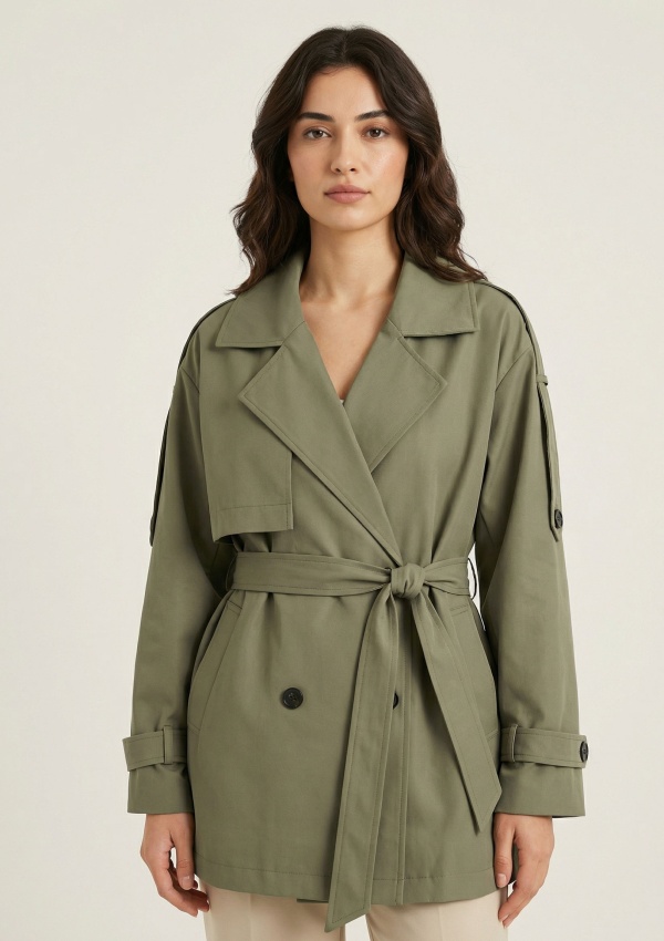 Kadın HAKİ Kemer Detaylı Kruvaze Yaka Kuşak Bağlamalı Astarlı Trençkot