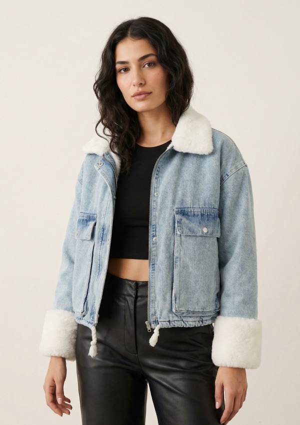 Kürk Detaylı Denim Ceket Mavi-Beyaz