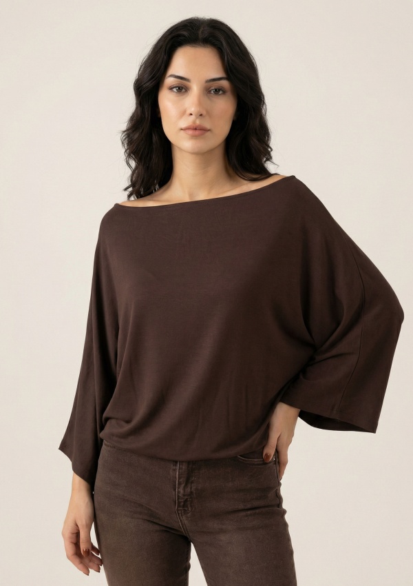 Kayık Yaka Yarasa Kol Bluz Kahverengi