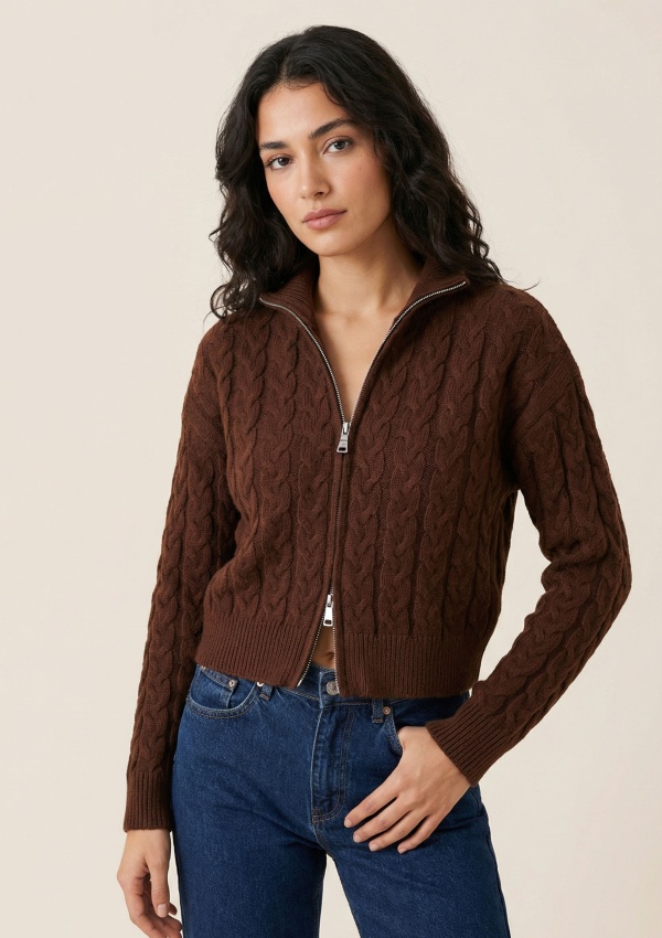 Kahve Saç Örgü Çift Fermuarlı Triko Hırka