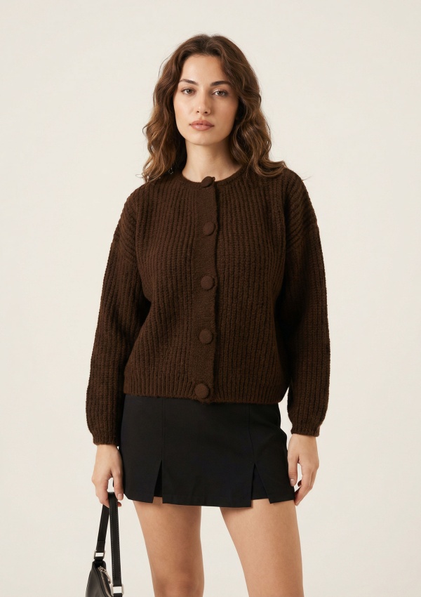 Düğme Detay Kahverengi Hırka