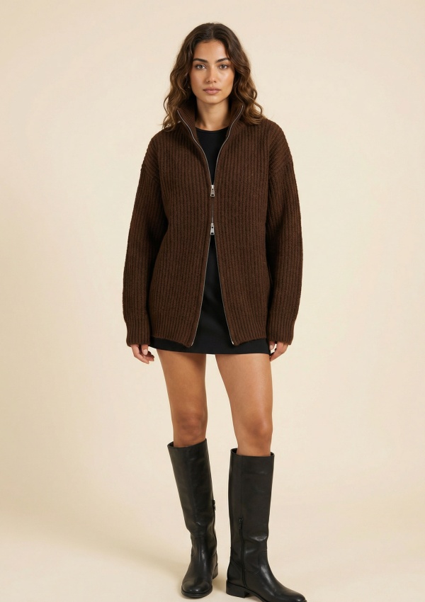 Kahve Çift Fermuarlı Hırka