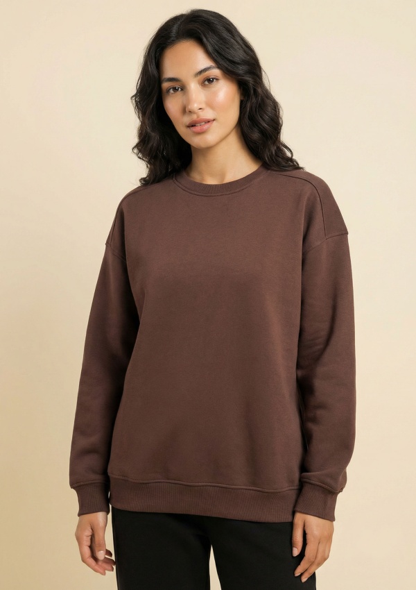 Kahverengi 3 Iplik Basic Bisiklet Yaka Sweatshirt