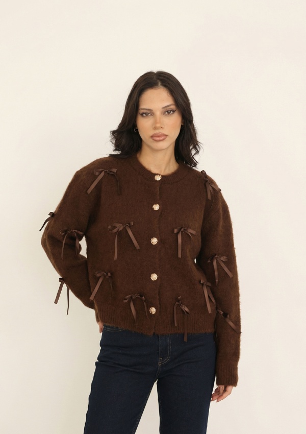 Fiyonklu Triko Hırka-Kahve