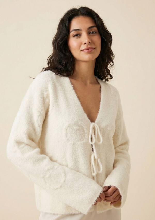 Önden Bağlamalı Soft Triko Hırka Ekru