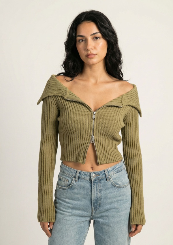 Acı Kahve Kayık Yaka Çift Fermuarlı Triko Hırka