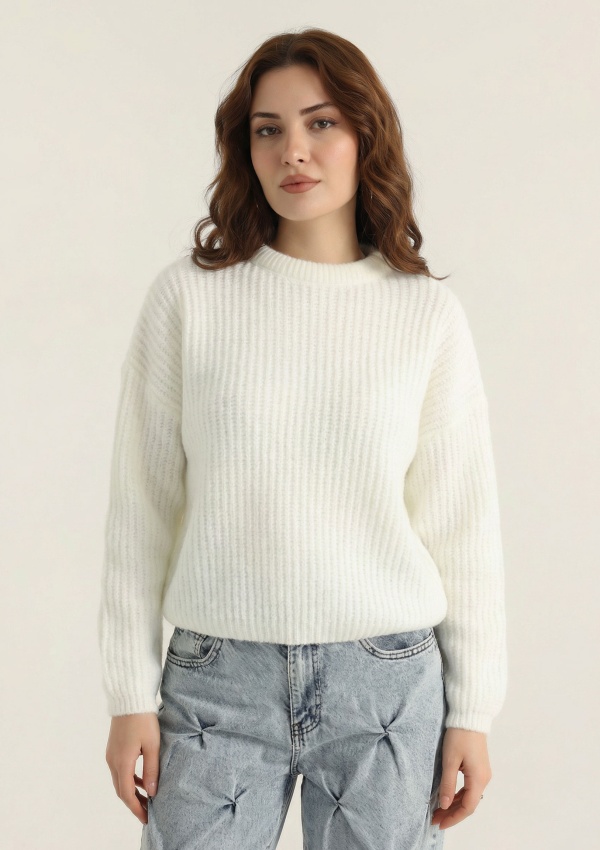 Bisiklet Yaka Oversize Kadın Triko Kazak - Beyaz