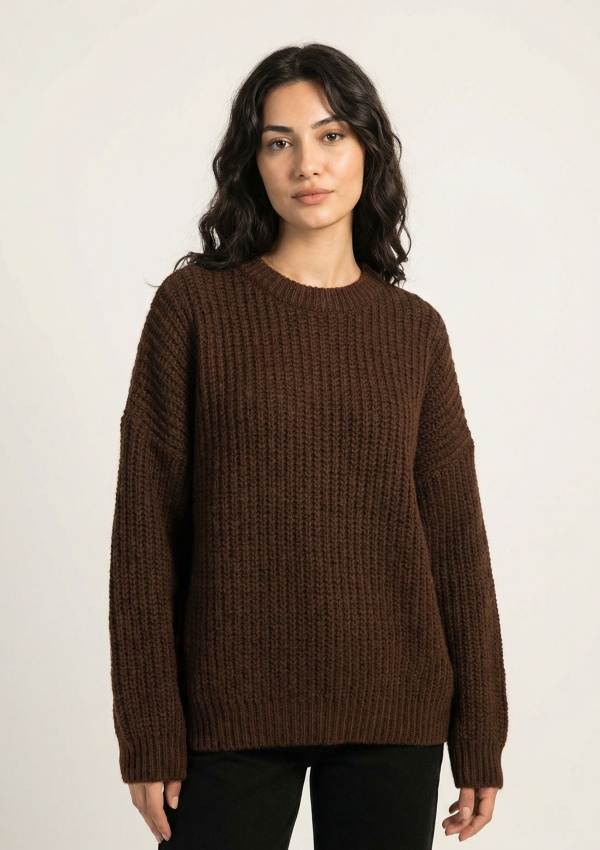 Bisiklet Yaka Oversize Kadın Triko Kazak - Kahverengi