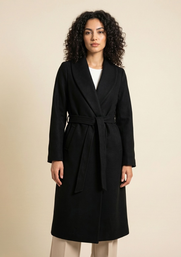 Kadın Siyah Kuşaklı Astarlı Cepli Uzun Oversize Kaşe Kaban