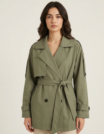 Kadın HAKİ Kemer Detaylı Kruvaze Yaka Kuşak Bağlamalı Astarlı Trençkot