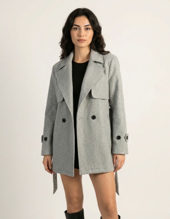 Gri Rüzgarlıklı Kuşaklı Kadın Kaşe Trençkot