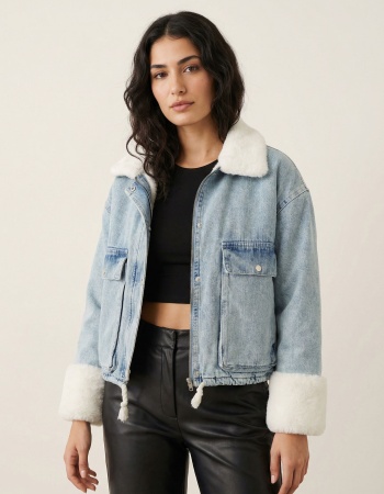 Kürk Detaylı Denim Ceket Mavi-Beyaz