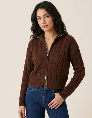 Kahve Saç Örgü Çift Fermuarlı Triko Hırka