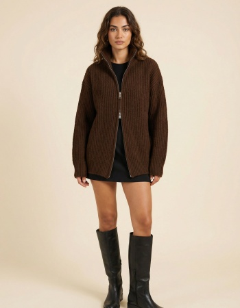 Kahve Çift Fermuarlı Hırka