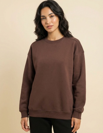 Kahverengi 3 Iplik Basic Bisiklet Yaka Sweatshirt