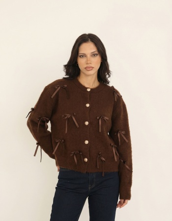 Fiyonklu Triko Hırka-Kahve