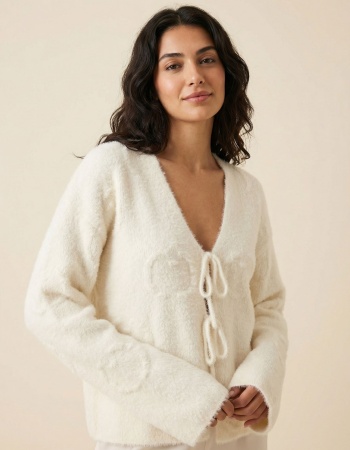 Önden Bağlamalı Soft Triko Hırka Ekru