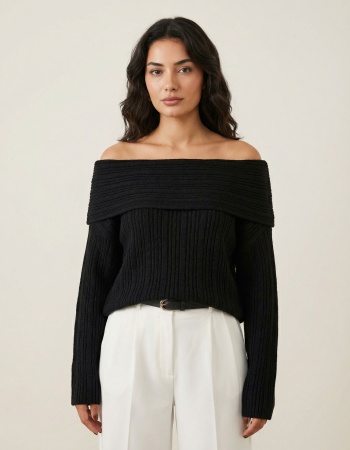 Madonna Yaka Oversize Triko Kazak Siyah