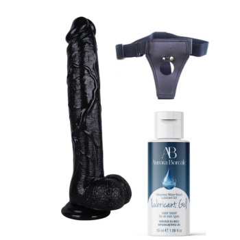 30 cm Belden Bağlamalı Kayganlaştırıcı Set Siyah Dildo