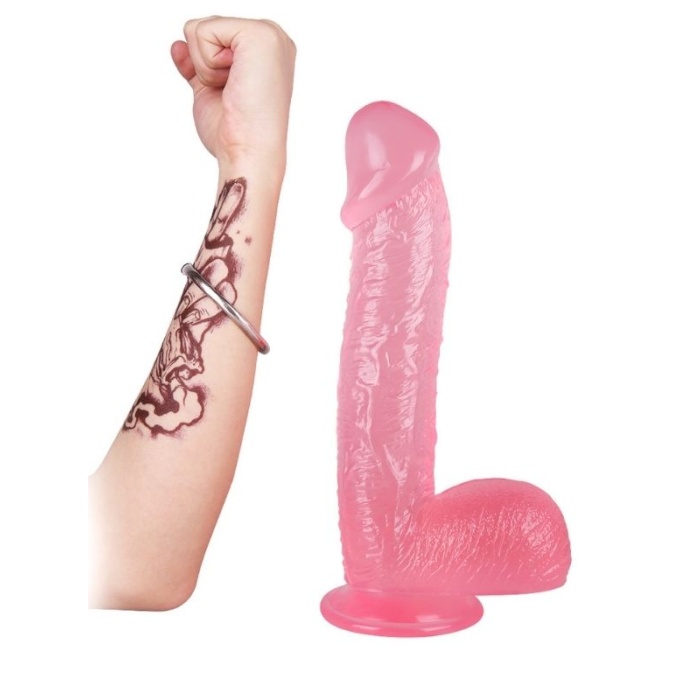 28 cm Vantuzlu Damarlı Belden Bağlanabilen Pembe Dildo