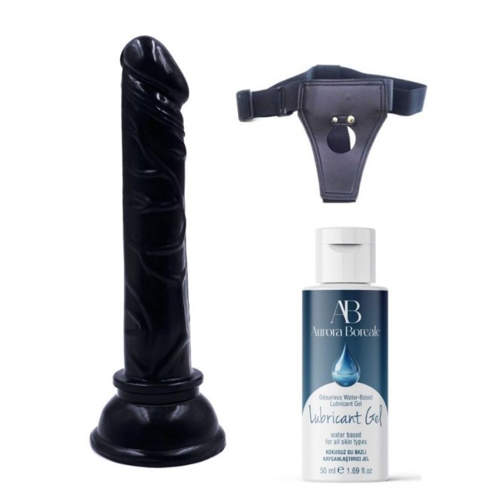 Belden Bağlamalı Kayganlaştırıcı Set Siyah Renk Gerçekçi 15CM Anal Dildo