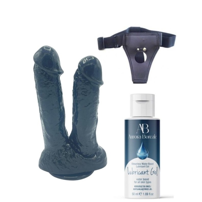 Belden Bağlamalı Kayganlaştırıcı Set Noctis 21cm Siyah Çiftli Dildo No:61