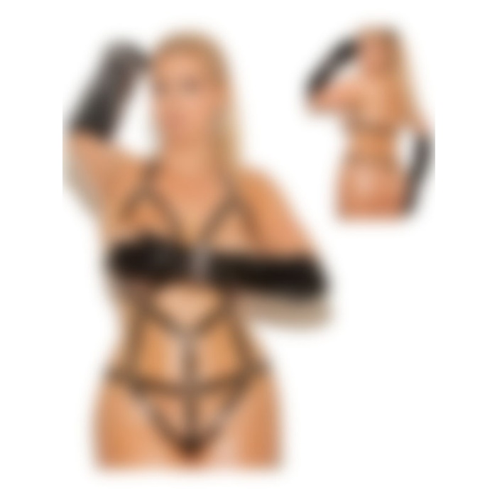 Siyah Özel Bölgeleri Açık Deri Harness Seksi Fantezi Bodysuit