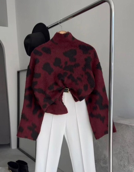 bordo leopar kaşmir kazak