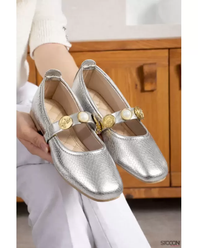STOCON Star Model Aksesuar Detaylı Günlük Ayakkabı Kadın Gümüş Babet Ofis Ayakkabısı