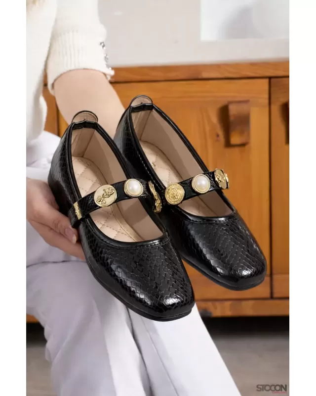 STOCON Star Model Aksesuar Detaylı Günlük Ayakkabı Kadın Siyah Babet Ofis Ayakkabısı