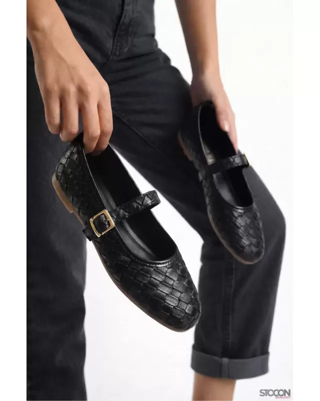 STOCON Kadın Siyah Örgü Babet Ortopedik Hafif Taban Günlük Babet Ofis Ayakkabısı