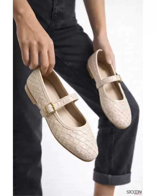 STOCON Kadın Krem Örgü Babet Ortopedik Hafif Taban Günlük Babet Ofis Ayakkabısı