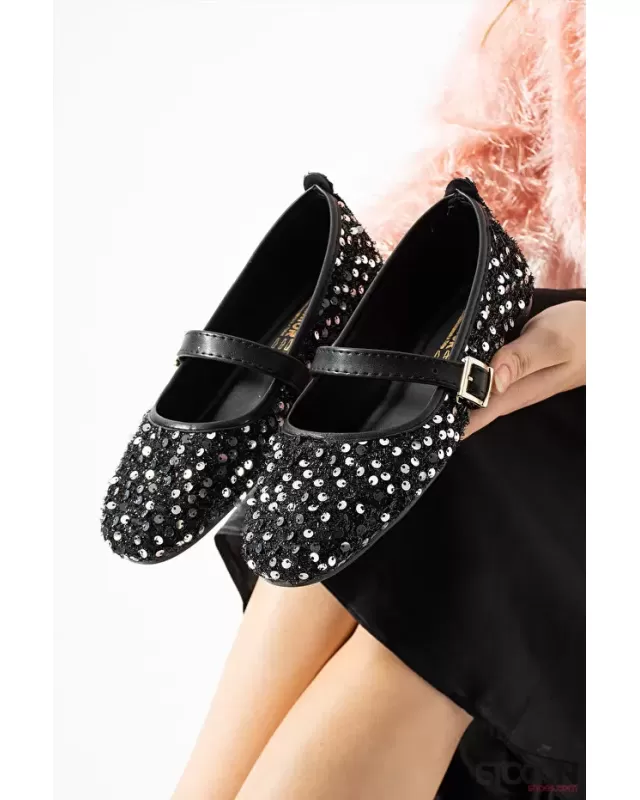 STOCON Simli Gümüş Pullu Mary Jane Babet Şık Tokalı Ortopedik Taban Günlük Ayakkabı