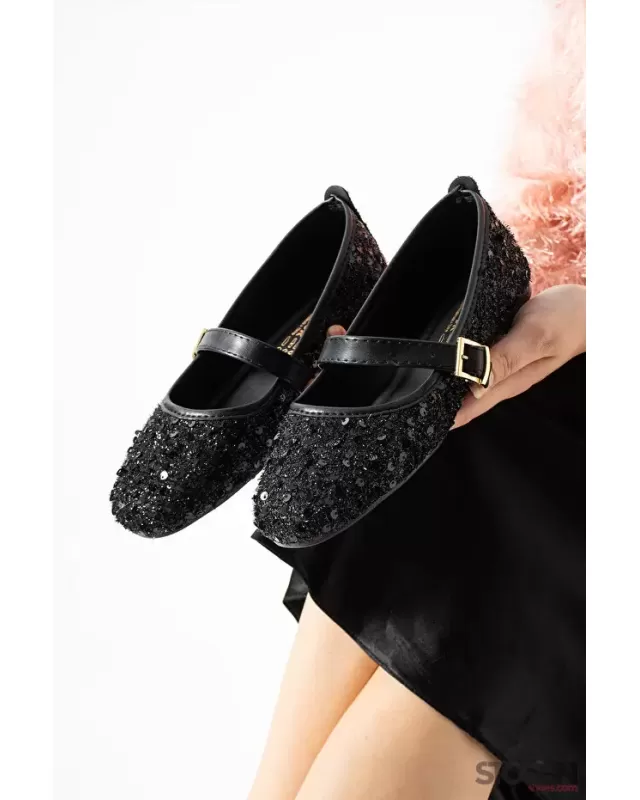 STOCON Simli Siyah Pullu Mary Jane Babet Şık Tokalı Ortopedik Taban Günlük Ayakkabı