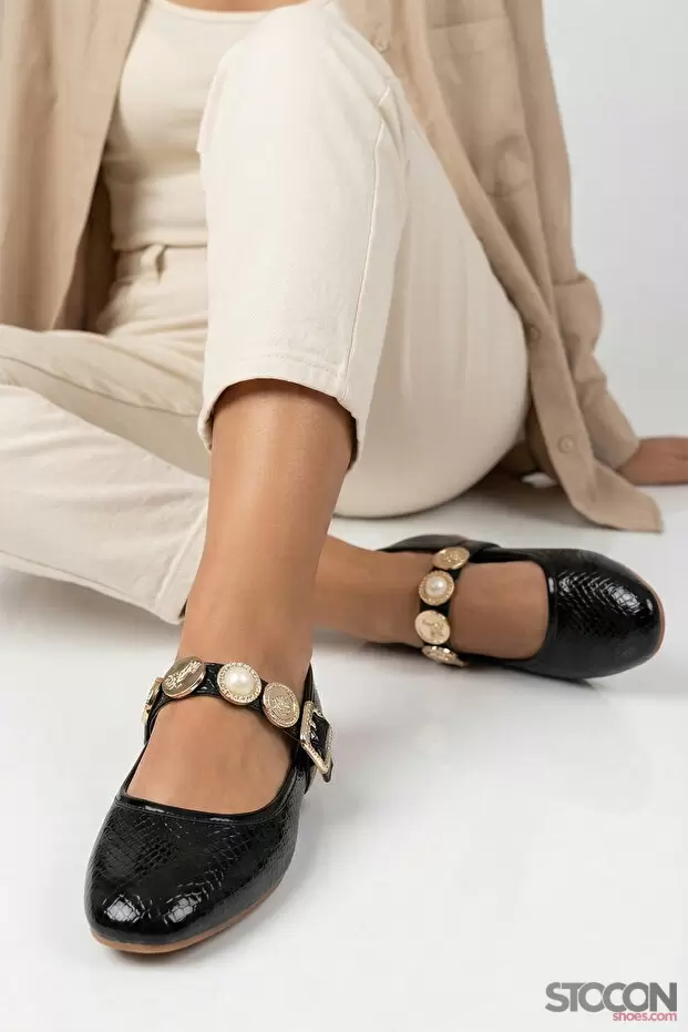 STOCON Star Model Aksesuar Detaylı Günlük Ayakkabı Kadın Siyah Babet Ofis Ayakkabısı